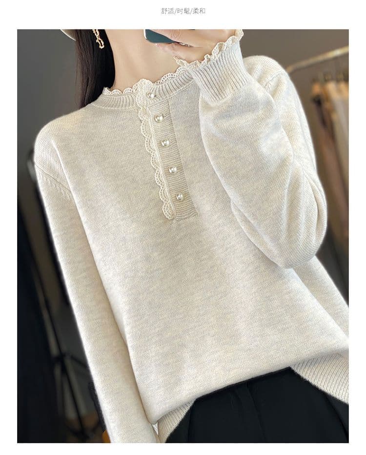 봄 가을 겨울 새로운 패션 유럽 상품 디자인 센스 루즈핏 풀오버 네클라인 레이스 레이스 양모 보온 니트 스웨터 여성 상세 이미지 21