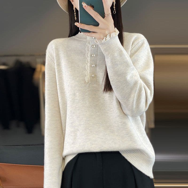 봄 가을 겨울 새로운 패션 유럽 상품 디자인 센스 루즈핏 풀오버 네클라인 레이스 레이스 양모 보온 니트 스웨터 여성 상세 이미지 30