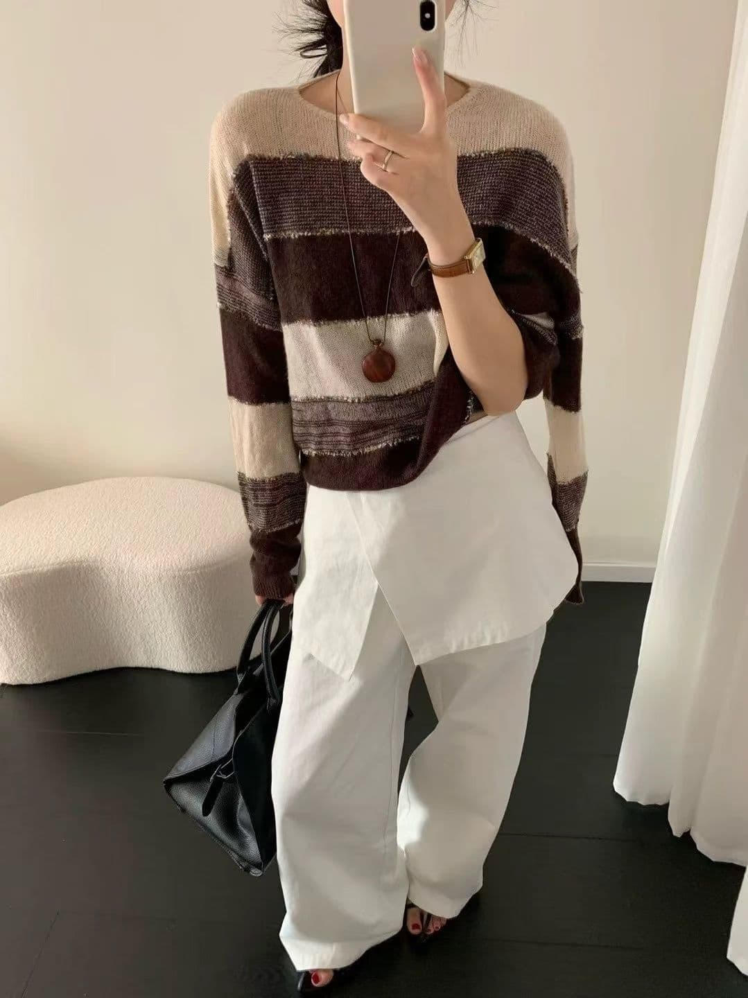 이른 가을 새로운 라운드 넥 긴팔 배색 스트라이프 니트 스웨터 여성 루즈핏 슬림해 보이는 패션 표지 고기 다용도 연령 감소 맨위 상세 이미지 5