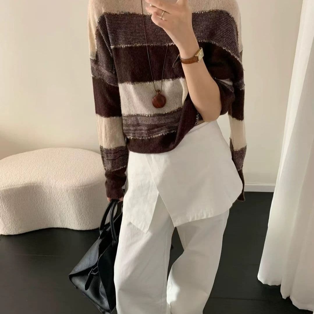 이른 가을 새로운 라운드 넥 긴팔 배색 스트라이프 니트 스웨터 여성 루즈핏 슬림해 보이는 패션 표지 고기 다용도 연령 감소 맨위 상세 이미지 9