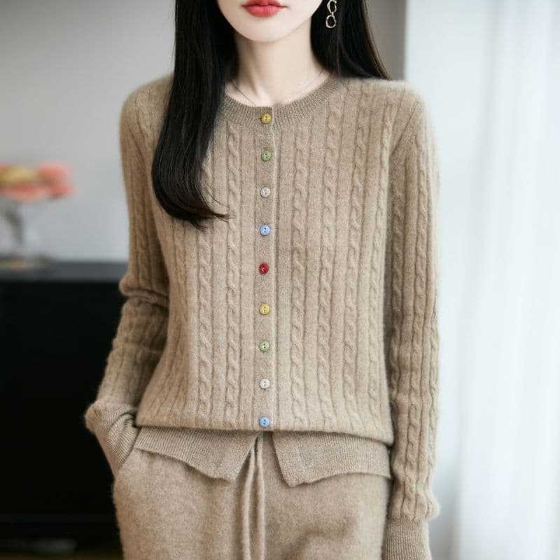 새로운 봄 가을 겨울 색상 버클 꽈배기 색상 버클 양모 오픈 가디건 여성 다용도 라운드 넥 스웨터 니트 재킷 맨위 이미지 2