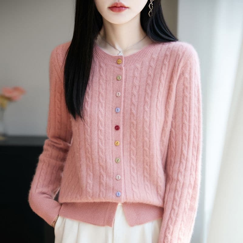 새로운 봄 가을 겨울 색상 버클 꽈배기 색상 버클 양모 오픈 가디건 여성 다용도 라운드 넥 스웨터 니트 재킷 맨위 이미지 3