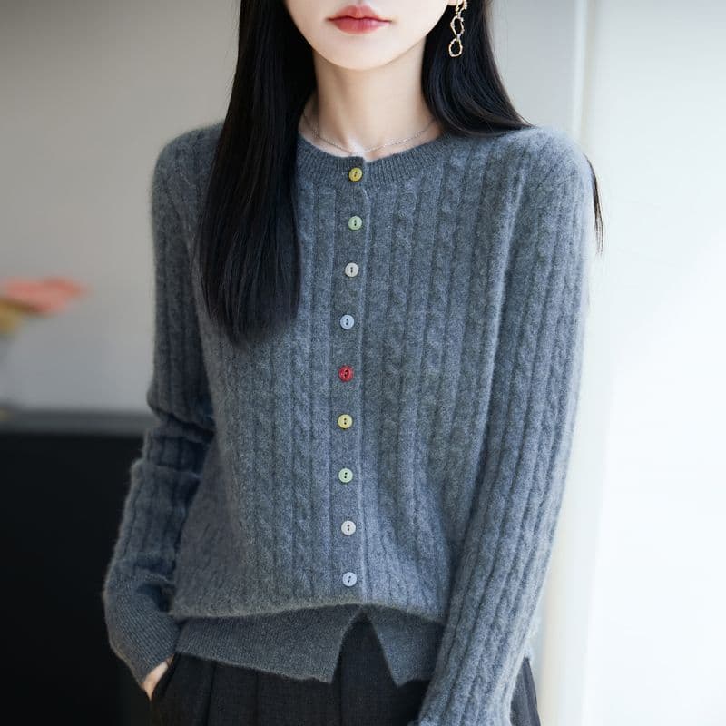 새로운 봄 가을 겨울 색상 버클 꽈배기 색상 버클 양모 오픈 가디건 여성 다용도 라운드 넥 스웨터 니트 재킷 맨위