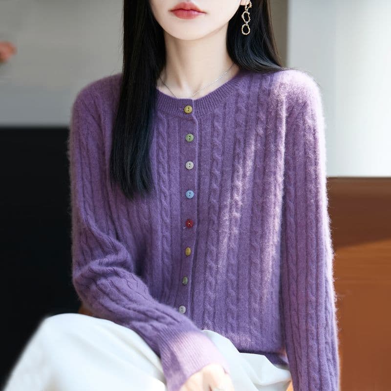 새로운 봄 가을 겨울 색상 버클 꽈배기 색상 버클 양모 오픈 가디건 여성 다용도 라운드 넥 스웨터 니트 재킷 맨위 이미지 4