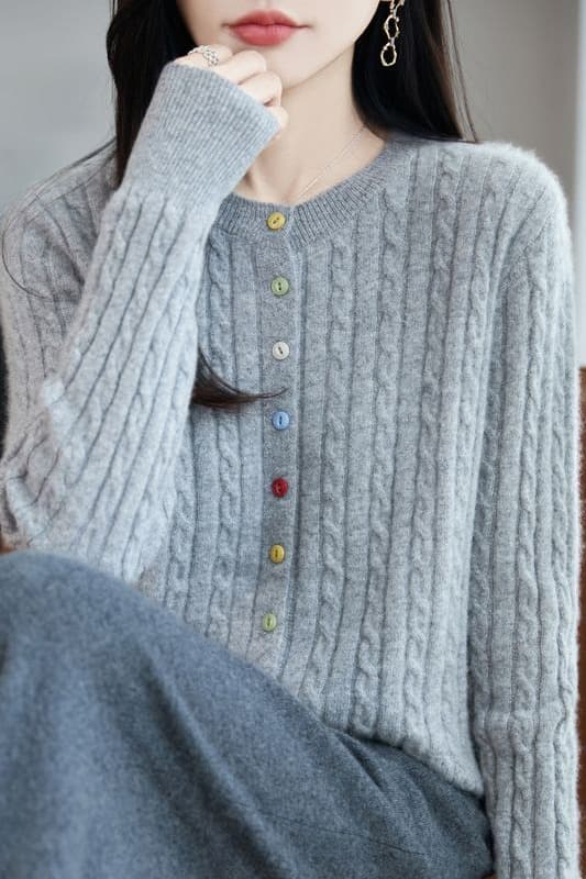 새로운 봄 가을 겨울 색상 버클 꽈배기 색상 버클 양모 오픈 가디건 여성 다용도 라운드 넥 스웨터 니트 재킷 맨위 이미지 6