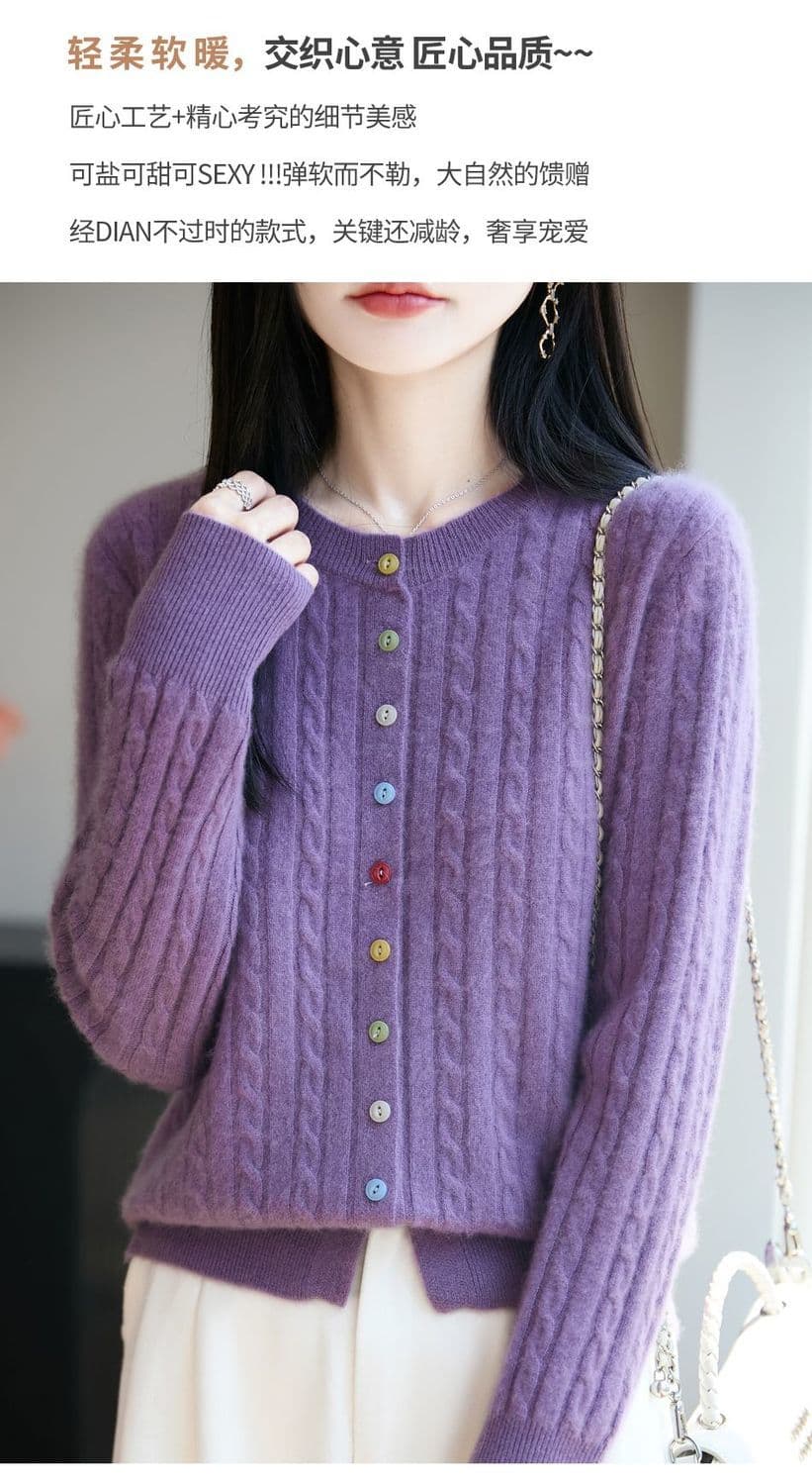 새로운 봄 가을 겨울 색상 버클 꽈배기 색상 버클 양모 오픈 가디건 여성 다용도 라운드 넥 스웨터 니트 재킷 맨위 상세 이미지 10