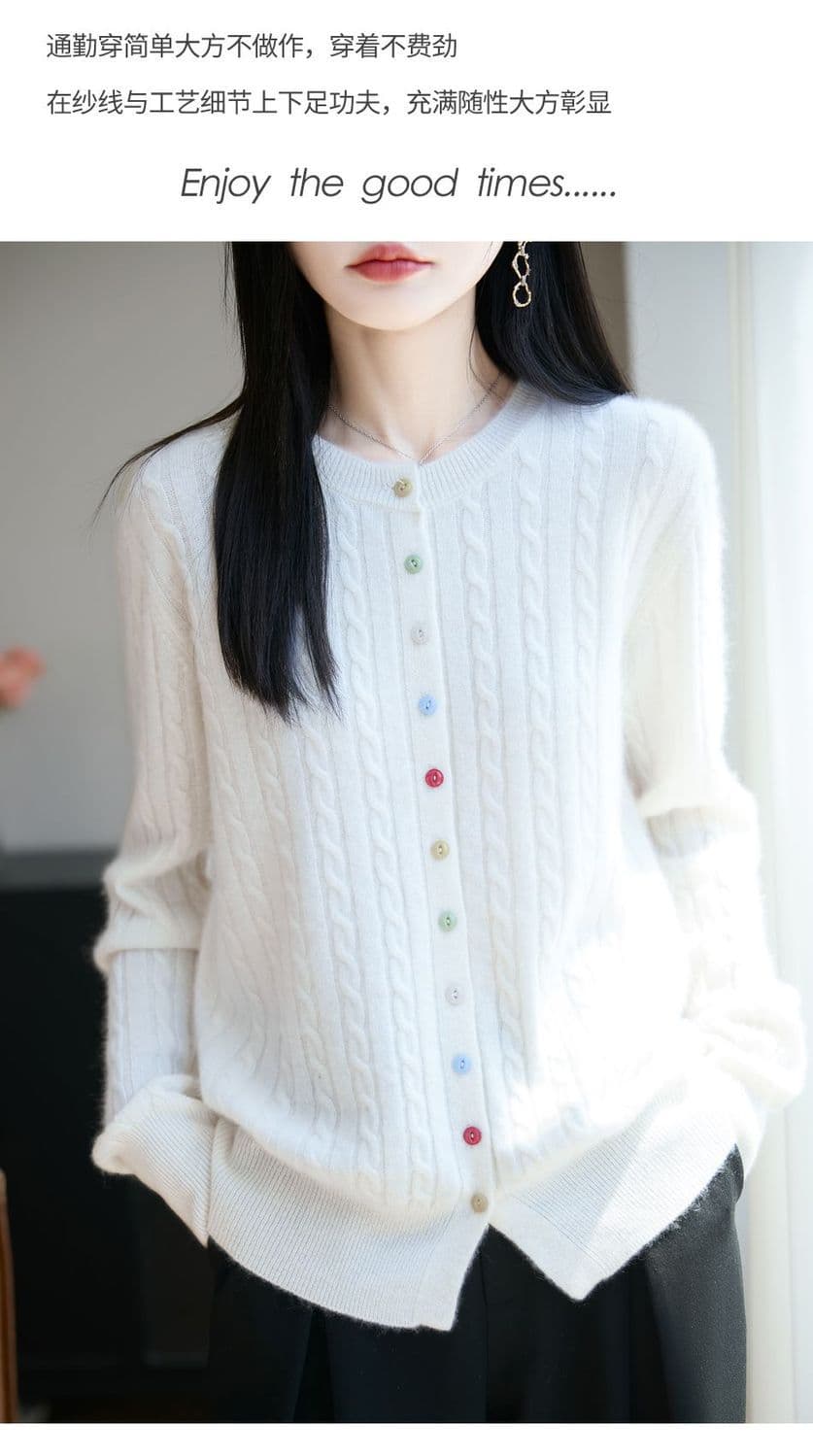 새로운 봄 가을 겨울 색상 버클 꽈배기 색상 버클 양모 오픈 가디건 여성 다용도 라운드 넥 스웨터 니트 재킷 맨위 상세 이미지 14