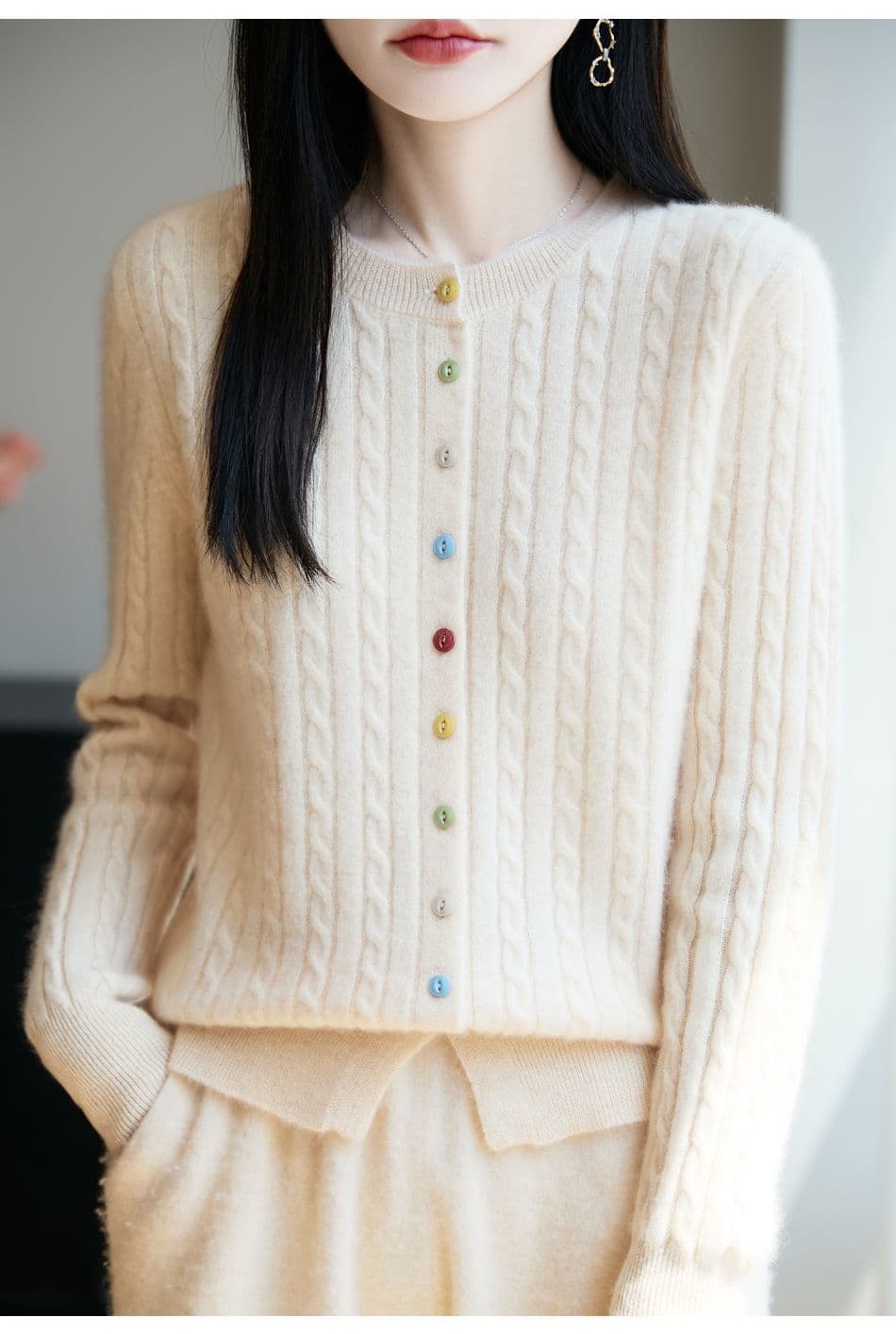 새로운 봄 가을 겨울 색상 버클 꽈배기 색상 버클 양모 오픈 가디건 여성 다용도 라운드 넥 스웨터 니트 재킷 맨위 상세 이미지 16