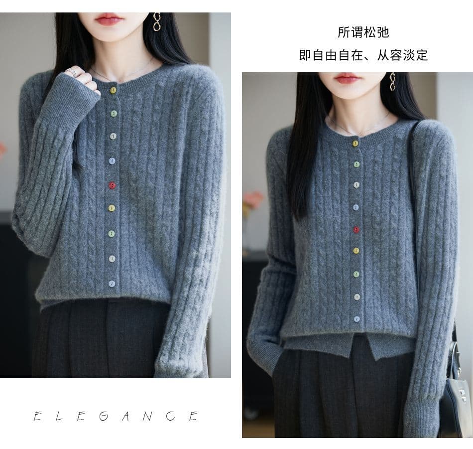 새로운 봄 가을 겨울 색상 버클 꽈배기 색상 버클 양모 오픈 가디건 여성 다용도 라운드 넥 스웨터 니트 재킷 맨위 상세 이미지 23