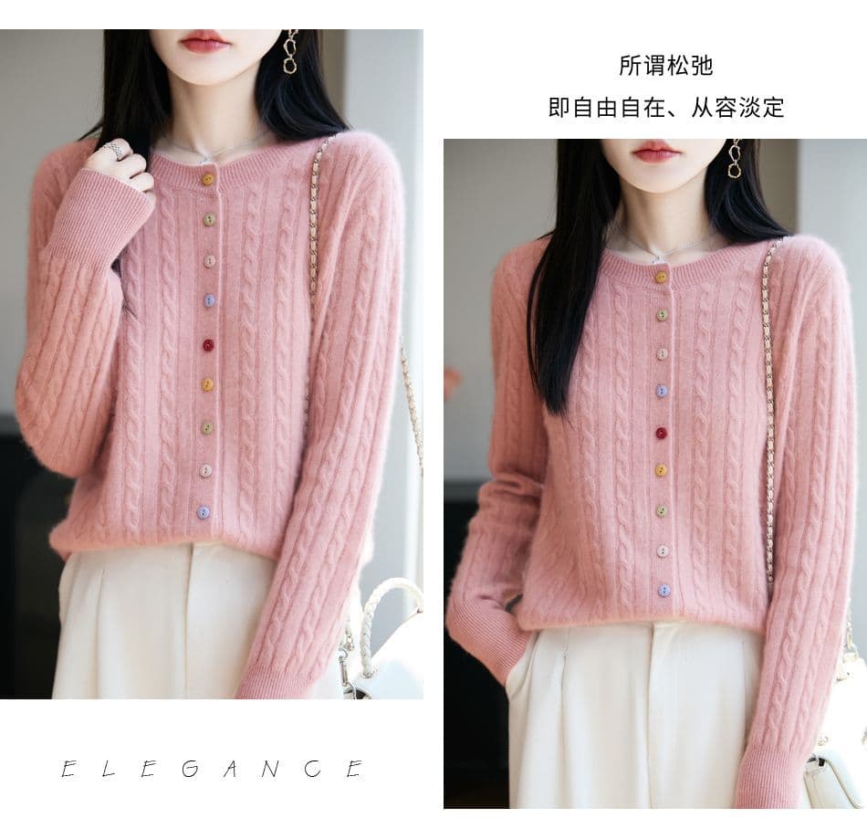 새로운 봄 가을 겨울 색상 버클 꽈배기 색상 버클 양모 오픈 가디건 여성 다용도 라운드 넥 스웨터 니트 재킷 맨위 상세 이미지 31