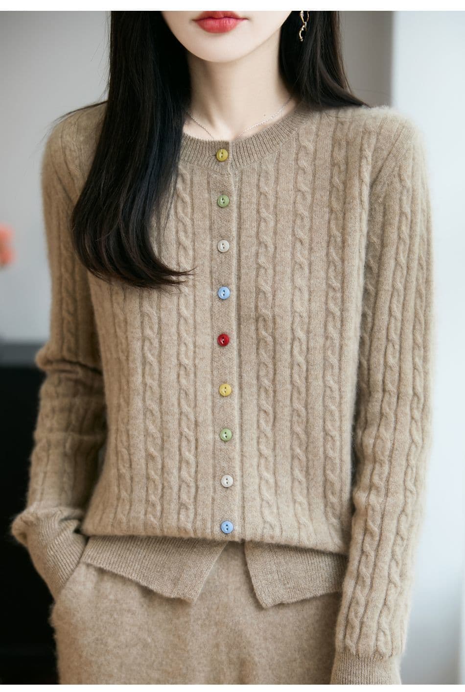 새로운 봄 가을 겨울 색상 버클 꽈배기 색상 버클 양모 오픈 가디건 여성 다용도 라운드 넥 스웨터 니트 재킷 맨위 상세 이미지 32