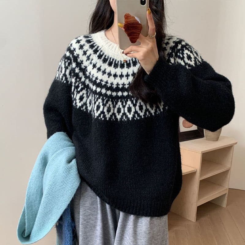 레트로 북유럽 바람 고급 센스 자카드 공정한 섬 스웨터 풀오버 여성 가을 겨울 두꺼운 경기 코트 인사이드 가져 가라. 니트 스웨터 이미지 2