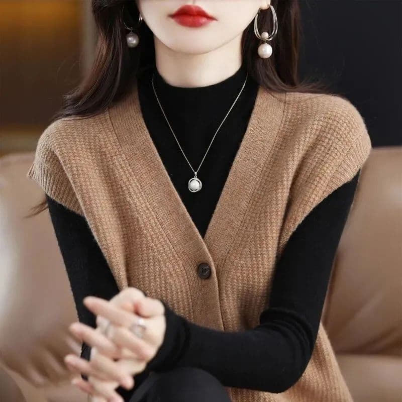 가을 겨울 새로운 V넥 니트 오픈 가디건 조끼 여자 한국 스타일 루즈핏 다용도 민소매 스웨터 조끼 슬림해 보이는 어깨 트렌디 이미지 4