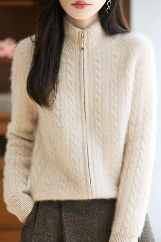 가을 겨울 새로운 스웨터 니트 스웨터 스탠드 칼라 두꺼운 트위스트 꽃 더블 지퍼 오픈 가디건 루즈핏 느긋한 부드럽다 프로 피부 슬림해 보이는 이미지 6