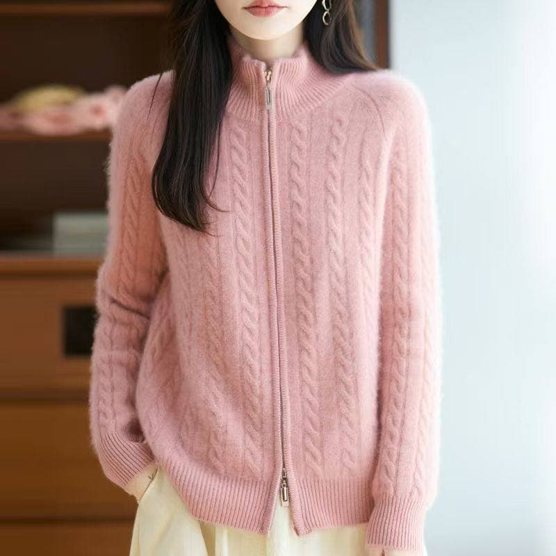 가을 겨울 새로운 스웨터 니트 스웨터 스탠드 칼라 두꺼운 트위스트 꽃 더블 지퍼 오픈 가디건 루즈핏 느긋한 부드럽다 프로 피부 슬림해 보이는 상세 이미지 12