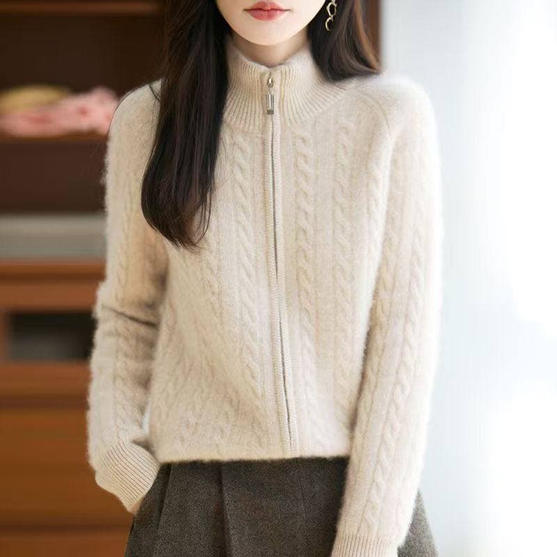 가을 겨울 새로운 스웨터 니트 스웨터 스탠드 칼라 두꺼운 트위스트 꽃 더블 지퍼 오픈 가디건 루즈핏 느긋한 부드럽다 프로 피부 슬림해 보이는 상세 이미지 26