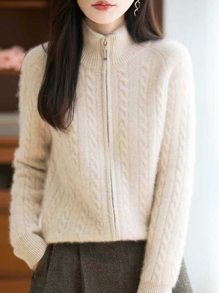 가을 겨울 새로운 스웨터 니트 스웨터 스탠드 칼라 두꺼운 트위스트 꽃 더블 지퍼 오픈 가디건 루즈핏 느긋한 부드럽다 프로 피부 슬림해 보이는 상세 이미지 30