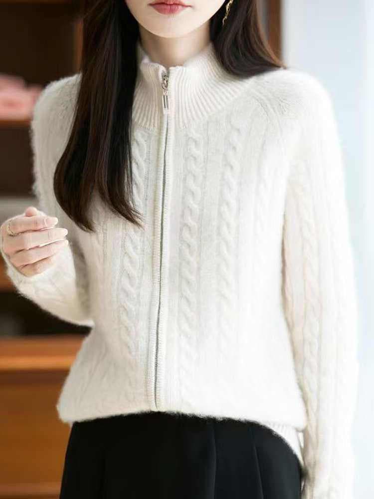 가을 겨울 새로운 스웨터 니트 스웨터 스탠드 칼라 두꺼운 트위스트 꽃 더블 지퍼 오픈 가디건 루즈핏 느긋한 부드럽다 프로 피부 슬림해 보이는 상세 이미지 33