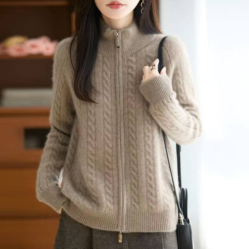 가을 겨울 새로운 스웨터 니트 스웨터 스탠드 칼라 두꺼운 트위스트 꽃 더블 지퍼 오픈 가디건 루즈핏 느긋한 부드럽다 프로 피부 슬림해 보이는 상세 이미지 37