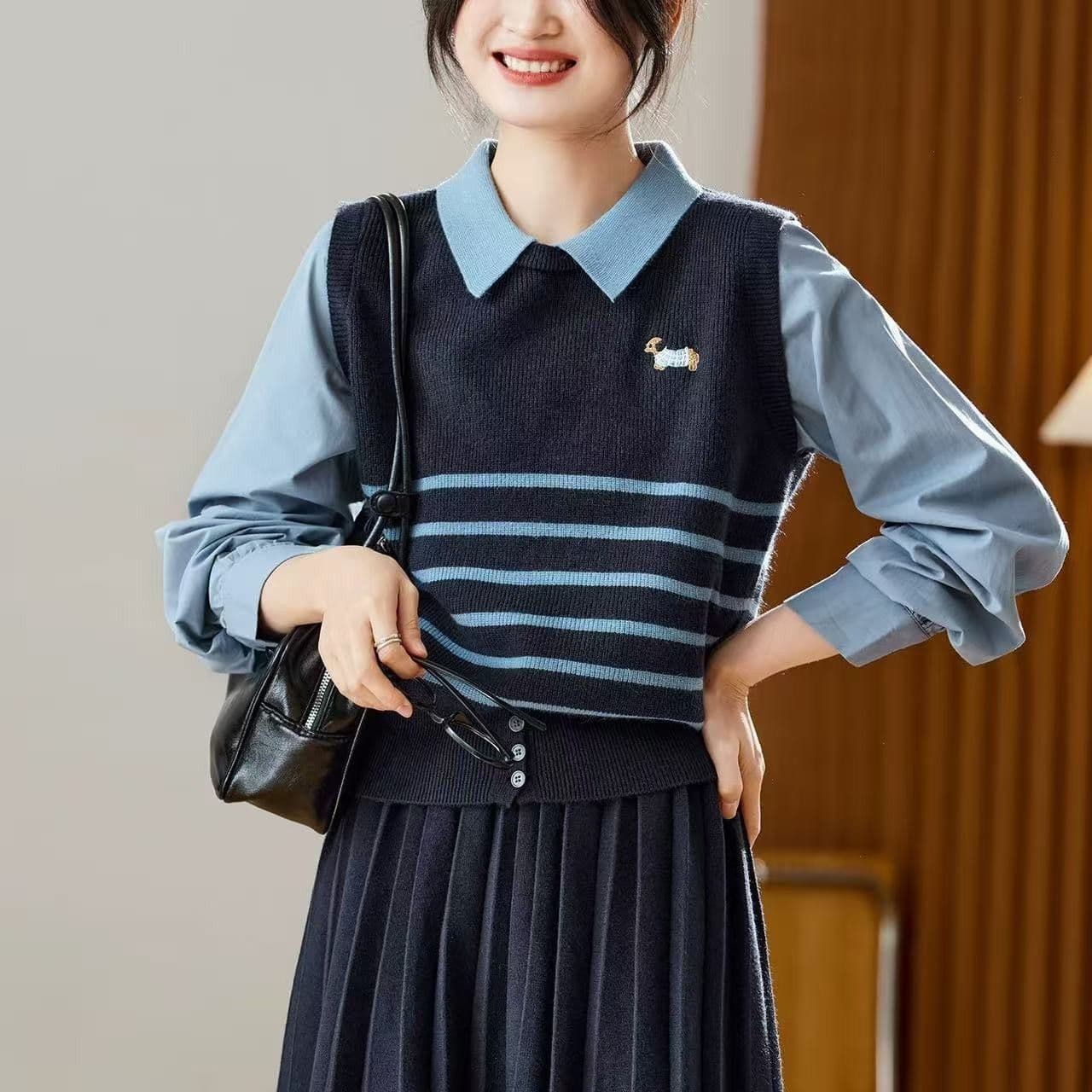 봄 가을 페이크 레이어드 스웨터 봄 가을 새로운 루즈핏 풀오버 스트라이프 슬림해 보이는 니트 스웨터 루즈핏 슬림해 보이는 폴로 칼라 맨위 상세 이미지 16