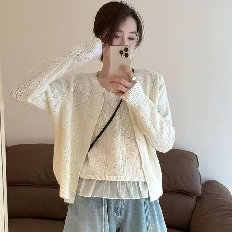 부드러운 바람 한 부서 패션 다용도 연령 감소 니트 오픈 가디건 투피스 조끼 여성 새로운 루즈핏 슬림해 보이는 맨위 트렌디 이미지 2