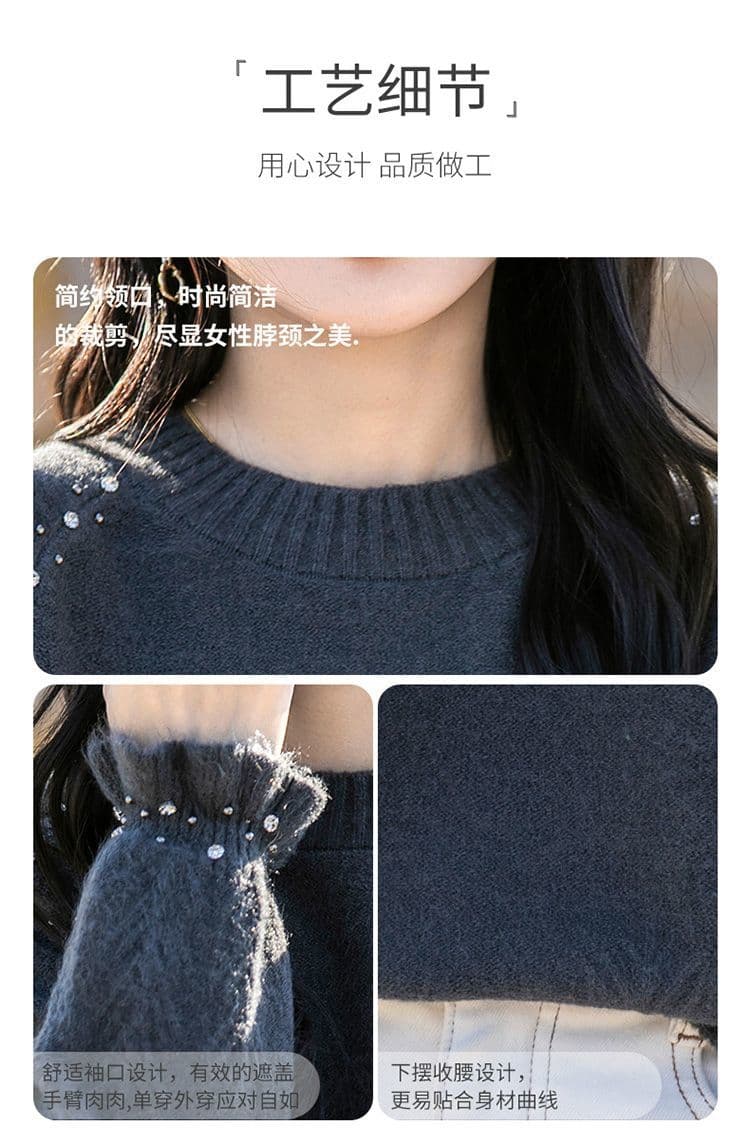 고급 뽕나무 누에 실크 패션 니트 기본 셔츠 여성 새로운 봄 가을 외국 가스 빅 사이즈 티셔츠 무거운 작업 비즈 박기 스웨터 여자 상세 이미지 5