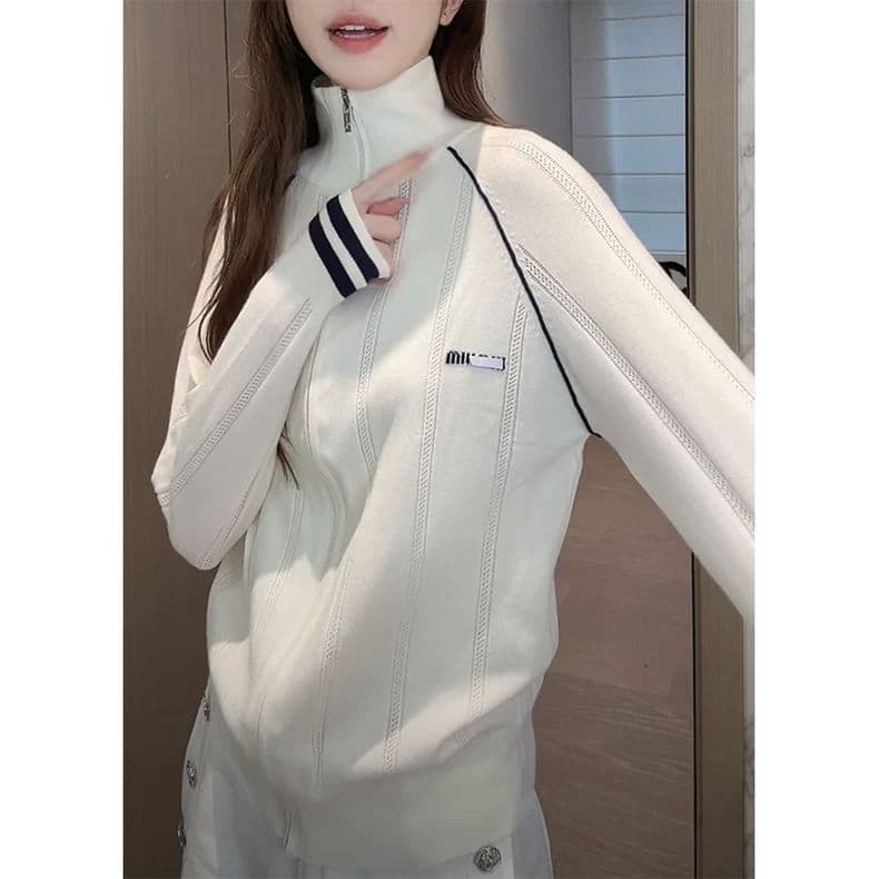 작은 대중 여성 의류 배색 지퍼 니트 작은 스탠드 칼라 니트 오픈 가디건 패션 캐주얼 트렌드 느슨함 센스 맨위 nv 상세 이미지 1
