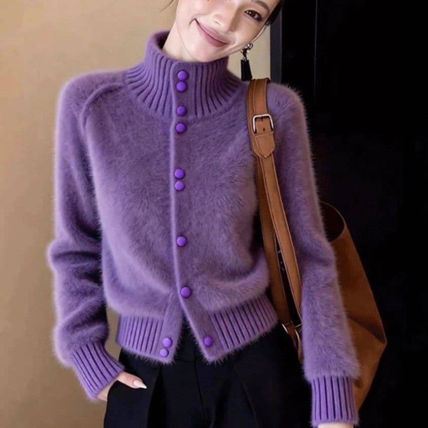 홍콩 스타일 패션 빛 요리 한 터틀넥 디자인 싱글 줄 버튼 긴팔 스웨터 오픈 가디건 가을 겨울 새로운 다용도 연령 감소 스웨터 여자 상세 이미지 13