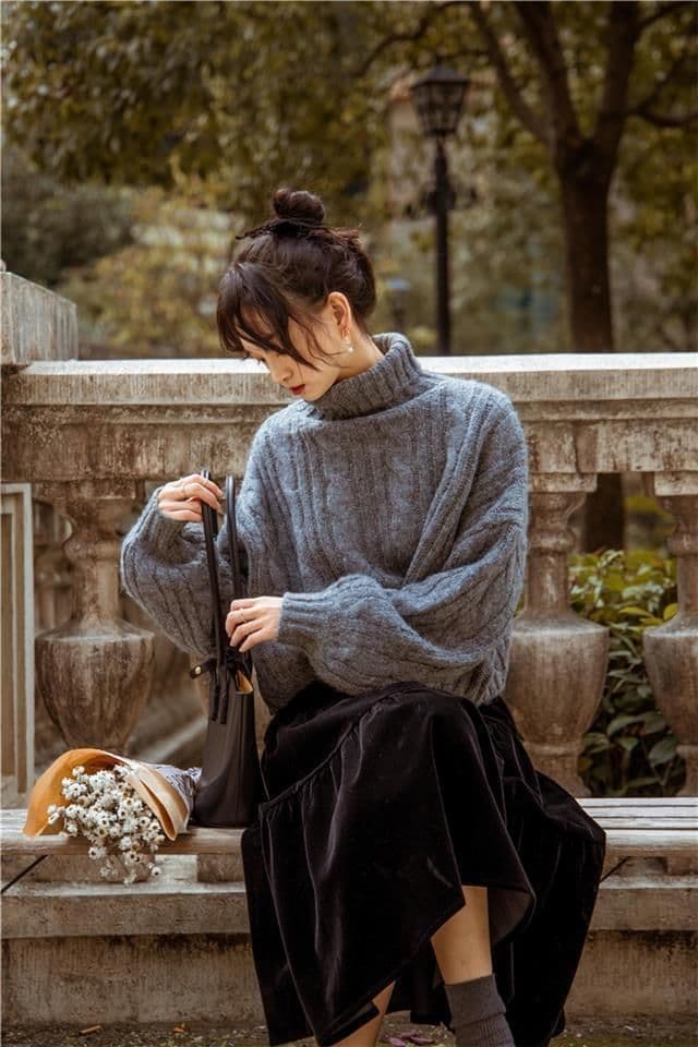 레트로 터틀넥 자카드 스웨터 여자 루즈핏 두꺼운 가을 겨울 패션 느긋한 슬림해 보이는 니트 스웨터 쇼트 스타일 맨위 인사이드 가져 가라. 상세 이미지 5