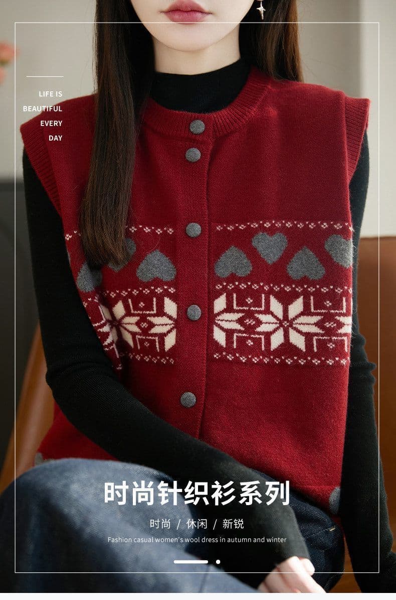 새로운 라운드 넥 니트 조끼 여자 봄 가을 자카드 민소매 스웨터 오픈 가디건 가져 가라. 루즈핏 슬림해 보이는 조끼 다용도 어깨 상세 이미지 1