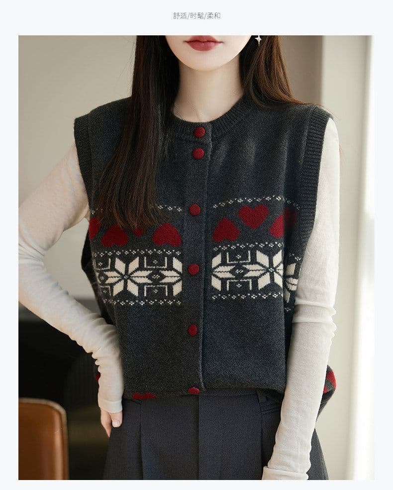 새로운 라운드 넥 니트 조끼 여자 봄 가을 자카드 민소매 스웨터 오픈 가디건 가져 가라. 루즈핏 슬림해 보이는 조끼 다용도 어깨 상세 이미지 11