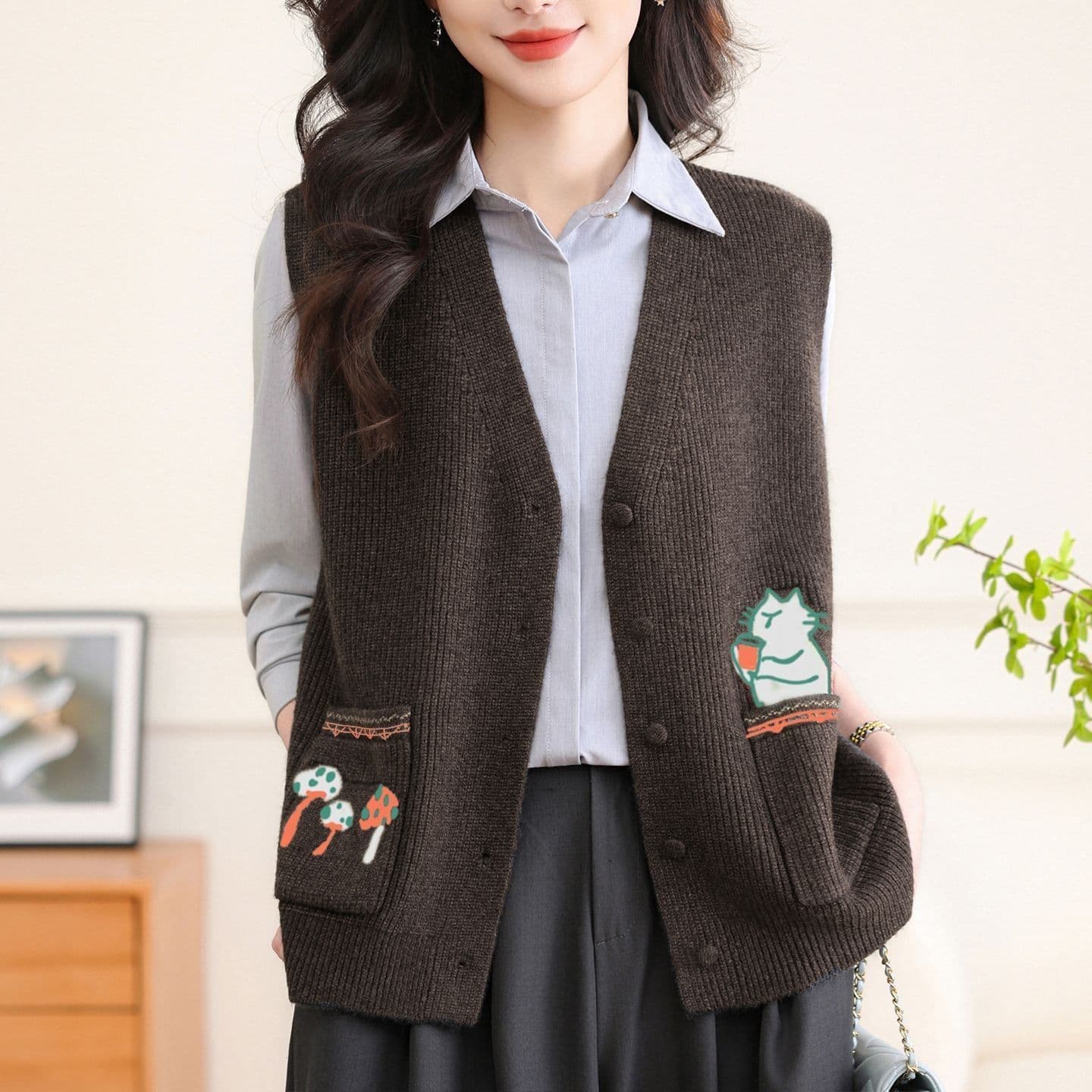 세련된 외국 가스 베스트 여성 짧은 오픈 가디건 봄과 가을 옷 중 영 어머니 드레스 새로운 조끼 조끼 니트 숄 이미지 3
