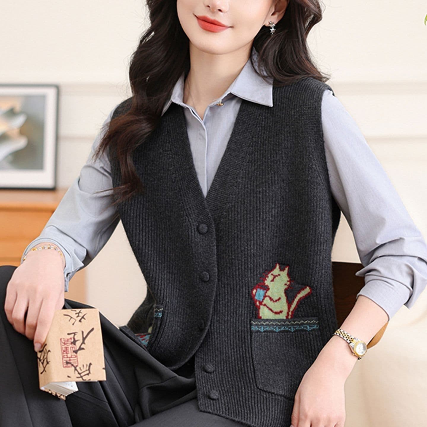 세련된 외국 가스 베스트 여성 짧은 오픈 가디건 봄과 가을 옷 중 영 어머니 드레스 새로운 조끼 조끼 니트 숄 상세 이미지 38