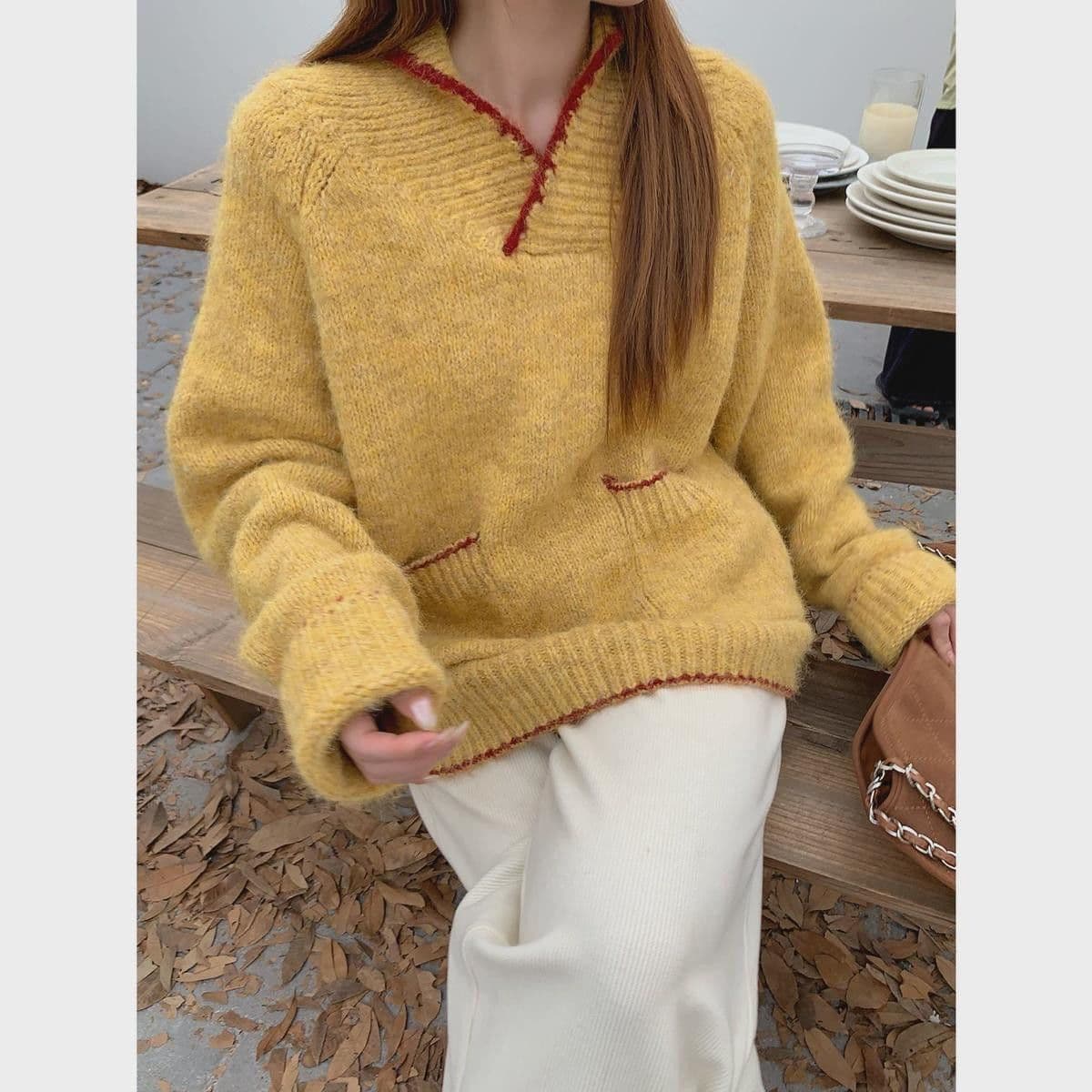 한 부서 패션 긴팔 가을 겨울 폴로 칼라 스웨터 느긋한 새로운 캐주얼 품격 달콤함 루즈핏 니트 스웨터 맨위 여성 상세 이미지 6