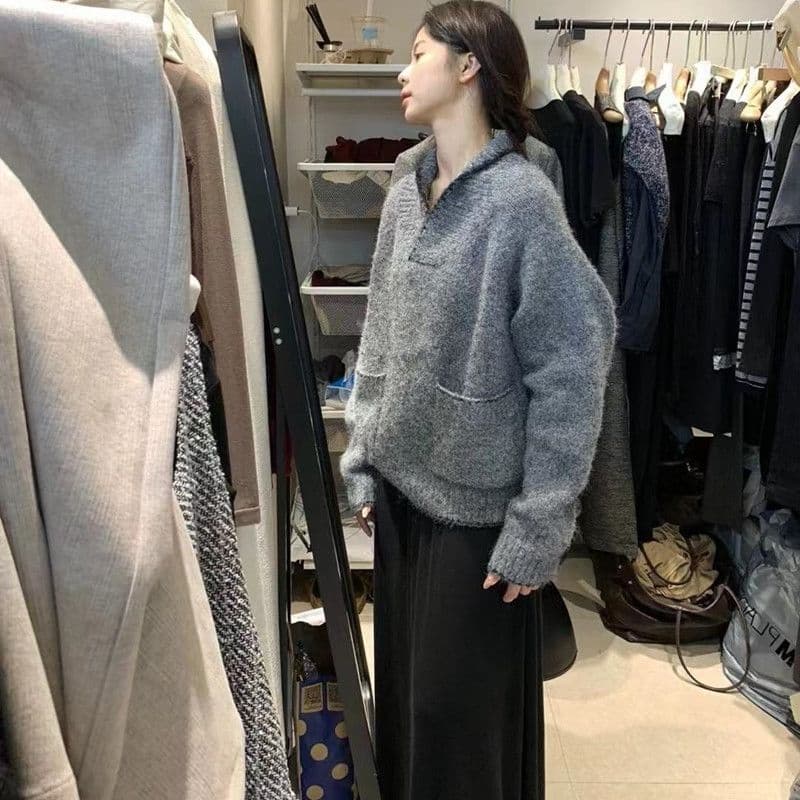한 부서 패션 긴팔 가을 겨울 폴로 칼라 스웨터 느긋한 새로운 캐주얼 품격 달콤함 루즈핏 니트 스웨터 맨위 여성 상세 이미지 9