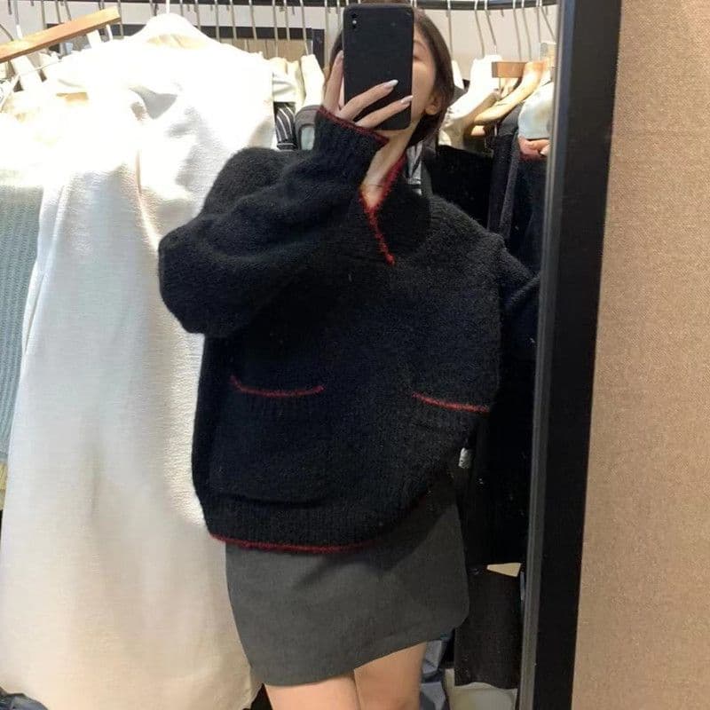 한 부서 패션 긴팔 가을 겨울 폴로 칼라 스웨터 느긋한 새로운 캐주얼 품격 달콤함 루즈핏 니트 스웨터 맨위 여성 상세 이미지 20