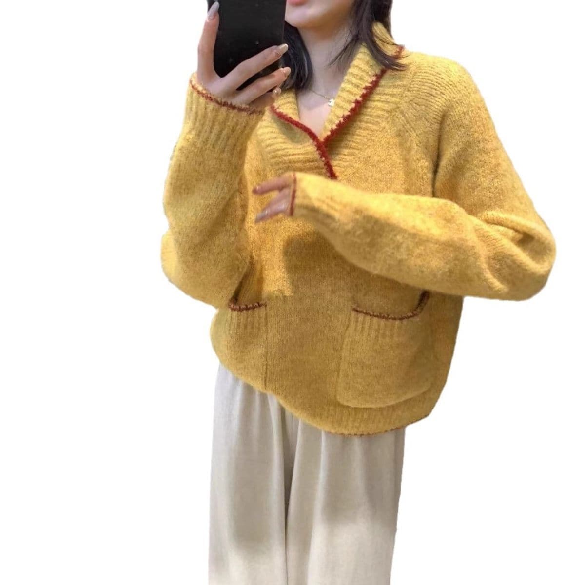 한 부서 패션 긴팔 가을 겨울 폴로 칼라 스웨터 느긋한 새로운 캐주얼 품격 달콤함 루즈핏 니트 스웨터 맨위 여성 상세 이미지 23