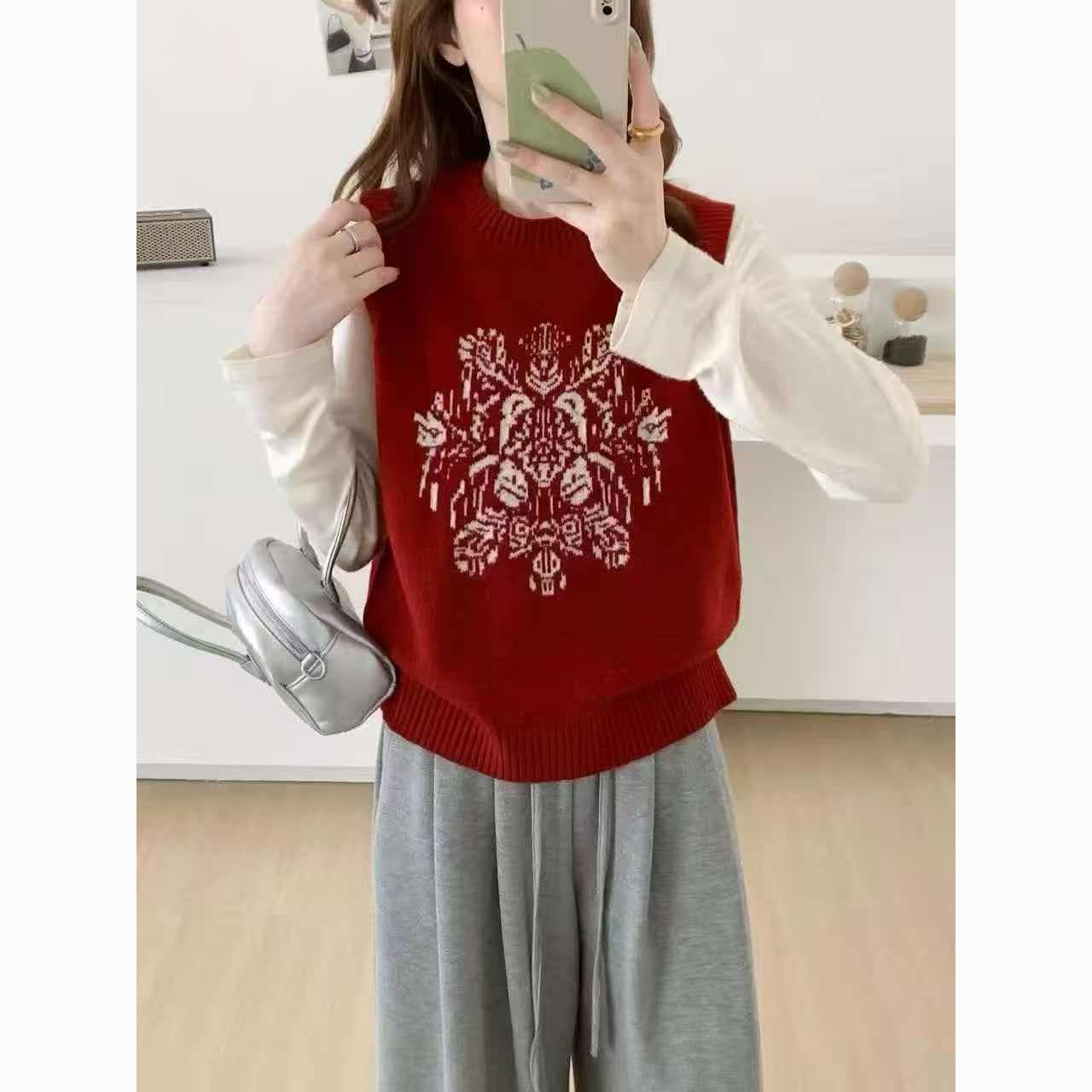 봄 가을 새로운 패션 라운드 넥 풀오버 조끼 레트로 패션 토템 자카드 니트 폭발 베스트 여자 이미지 2