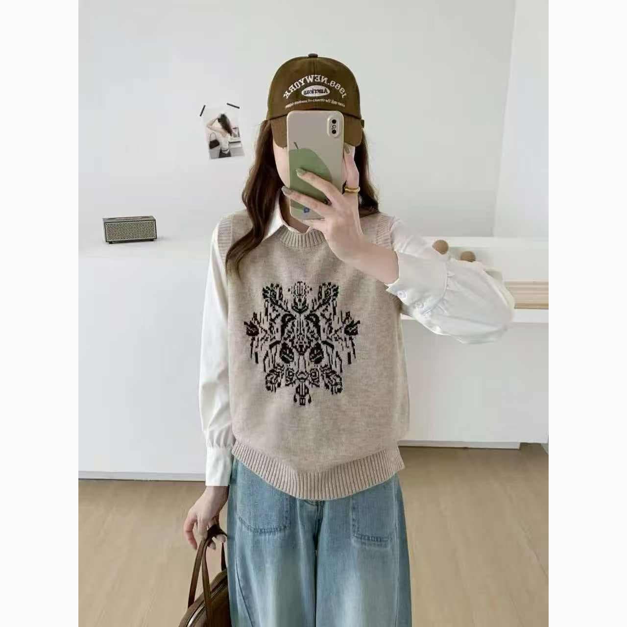 봄 가을 새로운 패션 라운드 넥 풀오버 조끼 레트로 패션 토템 자카드 니트 폭발 베스트 여자 상세 이미지 7