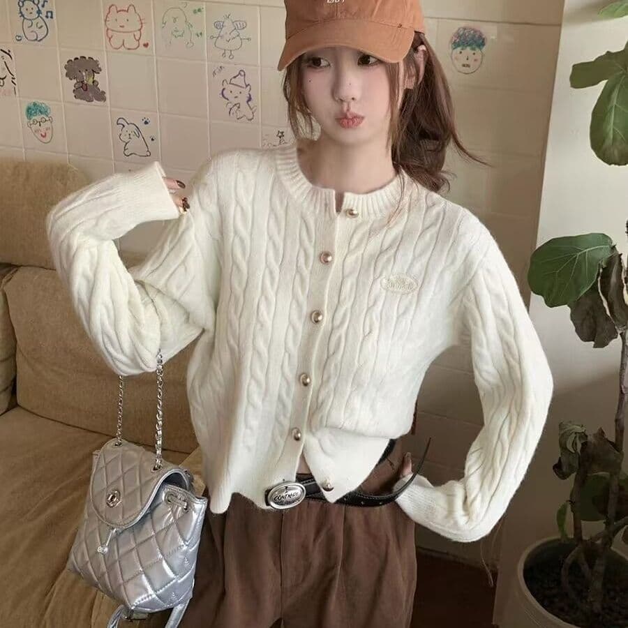 자수 라운드 넥 레트로 오픈 가디건 꽈배기 학원 새로운 니트 느긋한 바람 맨위 스웨터 코트 니트 스웨터 여성 상세 이미지 1