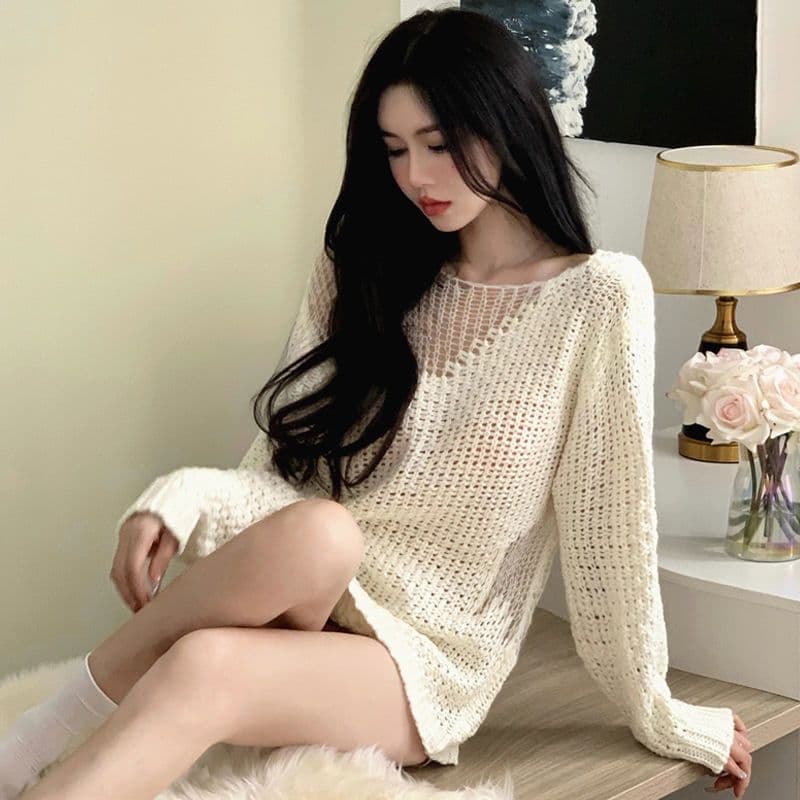봄 가을 패션 한 부서 느긋한 바람 다용도 스웨터 여자 새로운 중간 길이 루즈핏 긴팔 홀로우 아웃 니트 스웨터 맨위 이미지 3