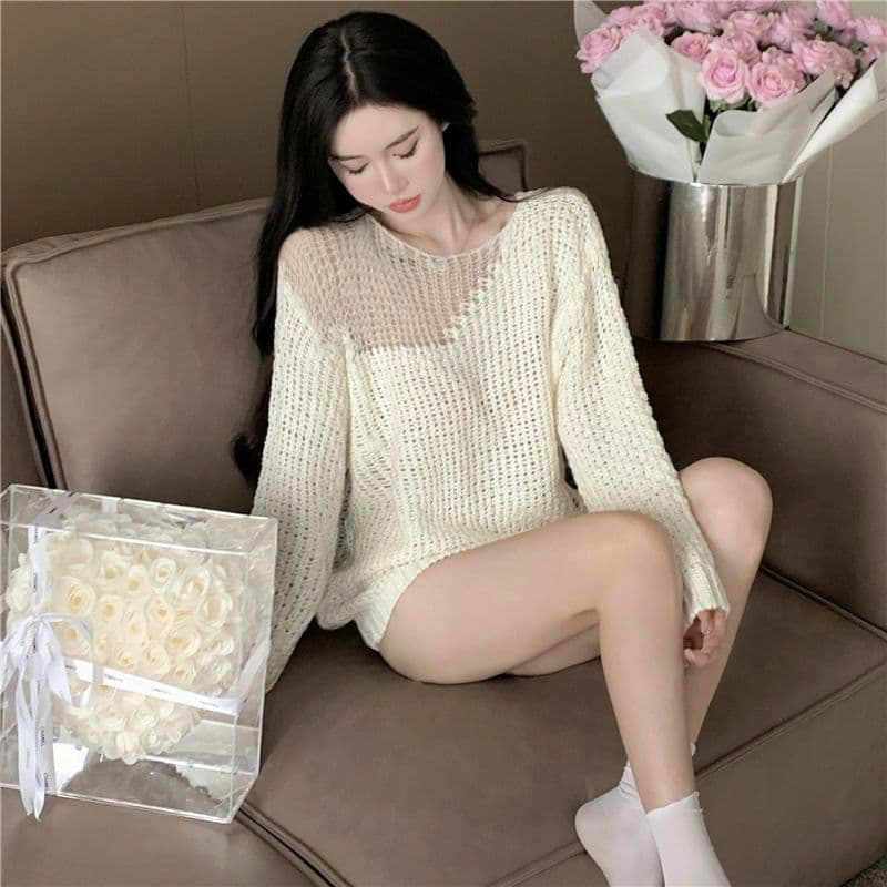 봄 가을 패션 한 부서 느긋한 바람 다용도 스웨터 여자 새로운 중간 길이 루즈핏 긴팔 홀로우 아웃 니트 스웨터 맨위 상세 이미지 3