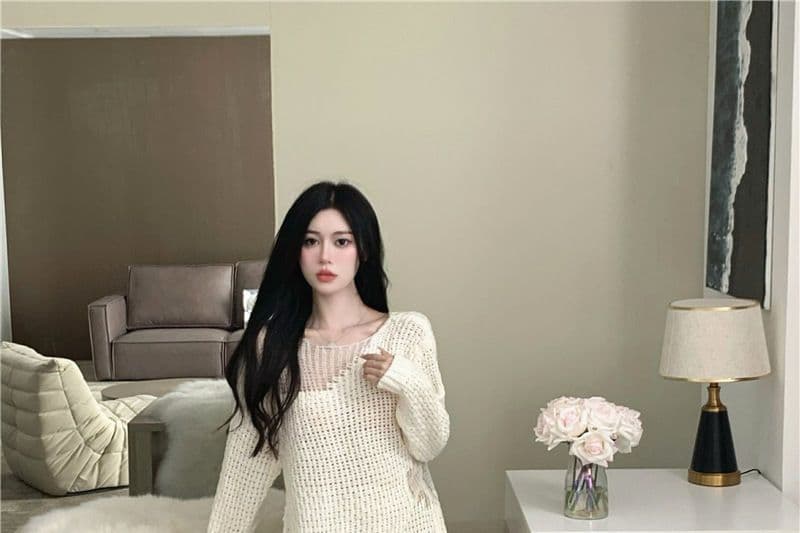 봄 가을 패션 한 부서 느긋한 바람 다용도 스웨터 여자 새로운 중간 길이 루즈핏 긴팔 홀로우 아웃 니트 스웨터 맨위 상세 이미지 13