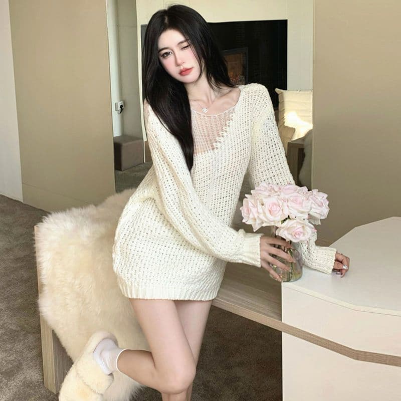 봄 가을 패션 한 부서 느긋한 바람 다용도 스웨터 여자 새로운 중간 길이 루즈핏 긴팔 홀로우 아웃 니트 스웨터 맨위 상세 이미지 23