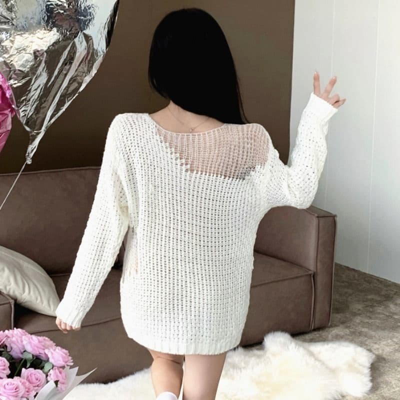봄 가을 패션 한 부서 느긋한 바람 다용도 스웨터 여자 새로운 중간 길이 루즈핏 긴팔 홀로우 아웃 니트 스웨터 맨위 상세 이미지 26