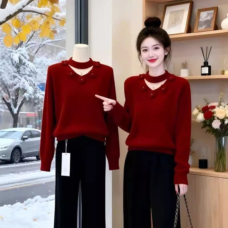 3 차원 꽃 행침 목 스웨터 여자 새로운 패션 봄 가을 빅 사이즈 지방 mm 분위기 센스 인사이드 가져 가라. 보온 니트 맨위 상세 이미지 2