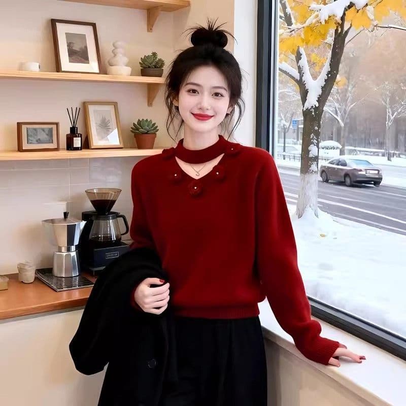 3 차원 꽃 행침 목 스웨터 여자 새로운 패션 봄 가을 빅 사이즈 지방 mm 분위기 센스 인사이드 가져 가라. 보온 니트 맨위 상세 이미지 3