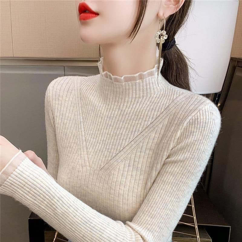 가을 겨울 새로운 반하이넥 스웨터 기본 셔츠 여성 인사이드 가져 가라. 외국 가스 캐주얼 레이스 조각 중 칼라 니트 스웨터 맨위 상세 이미지 9
