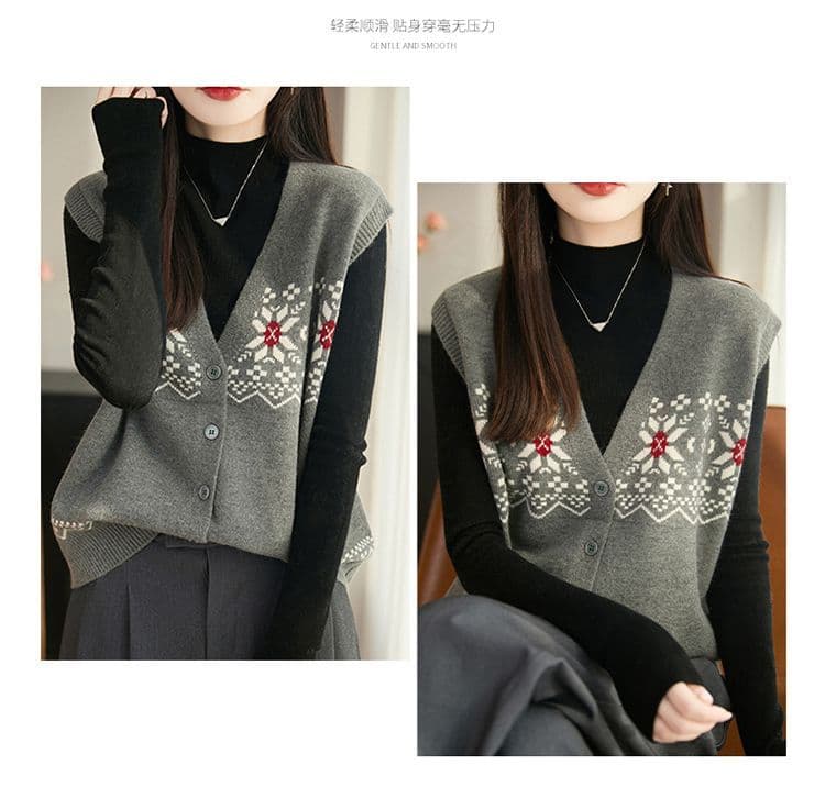 레트로 새로운 자카드 베스트 빅 사이즈 오픈 가디건 봄 가을 루즈핏 눈꽃 어깨 니트 스웨터 슬림해 보이는 조끼 여성 상세 이미지 8