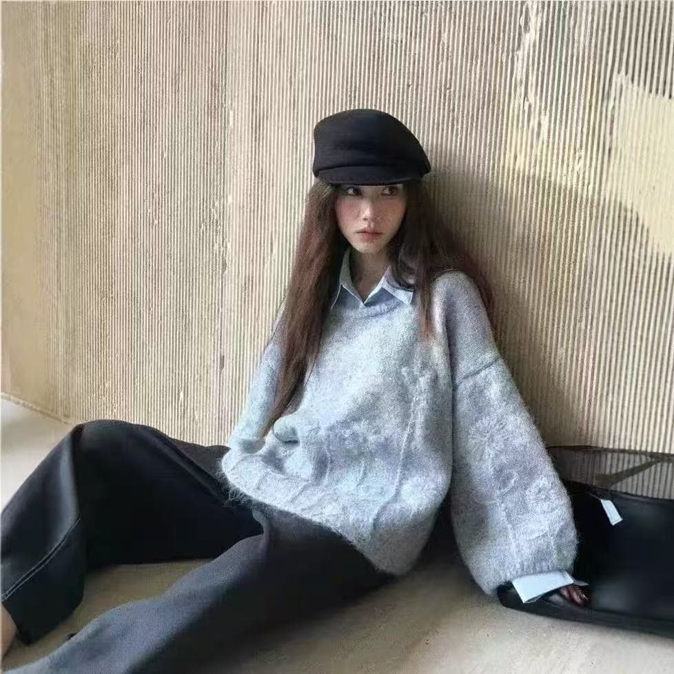 봄 가을 새로운 한국 스타일 미니멀리즘 패션 3 차원 자수 캐주얼 루즈핏 느긋한 슬림해 보이는 라운드 넥 긴팔 단색 맨위 상세 이미지 6